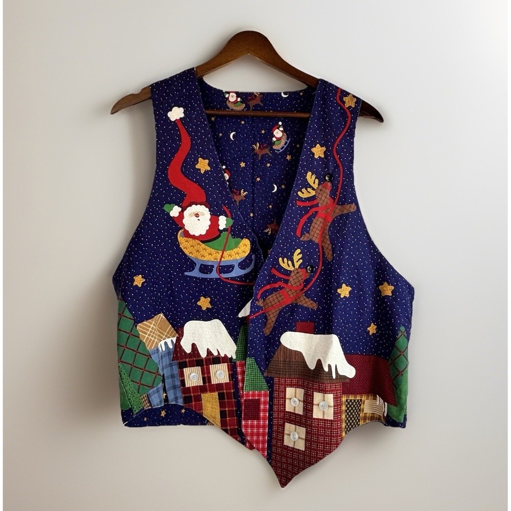 Handmade Christmas Vest OS/XL Santa‎ Reindeer Rooftops Navy Blue Festive Party